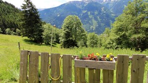 A wooden fence with a garden bed containing flowers, set against a mountainous backdrop. - Chalet in Obervellach in Carinthia (Obervellach)