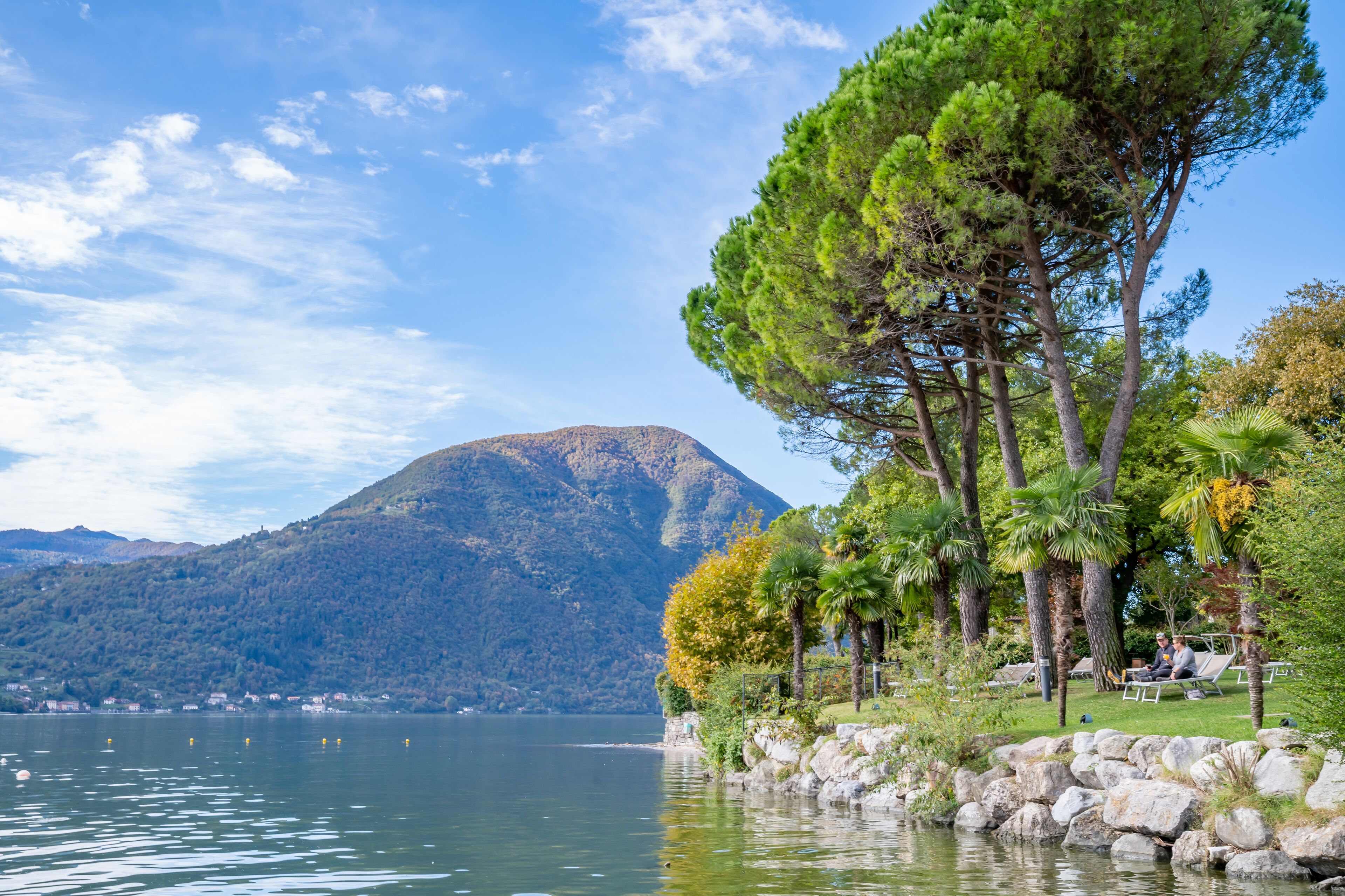 Vista di un lago con una montagna sullo sfondo, una riva rocciosa e una fila di alberi.