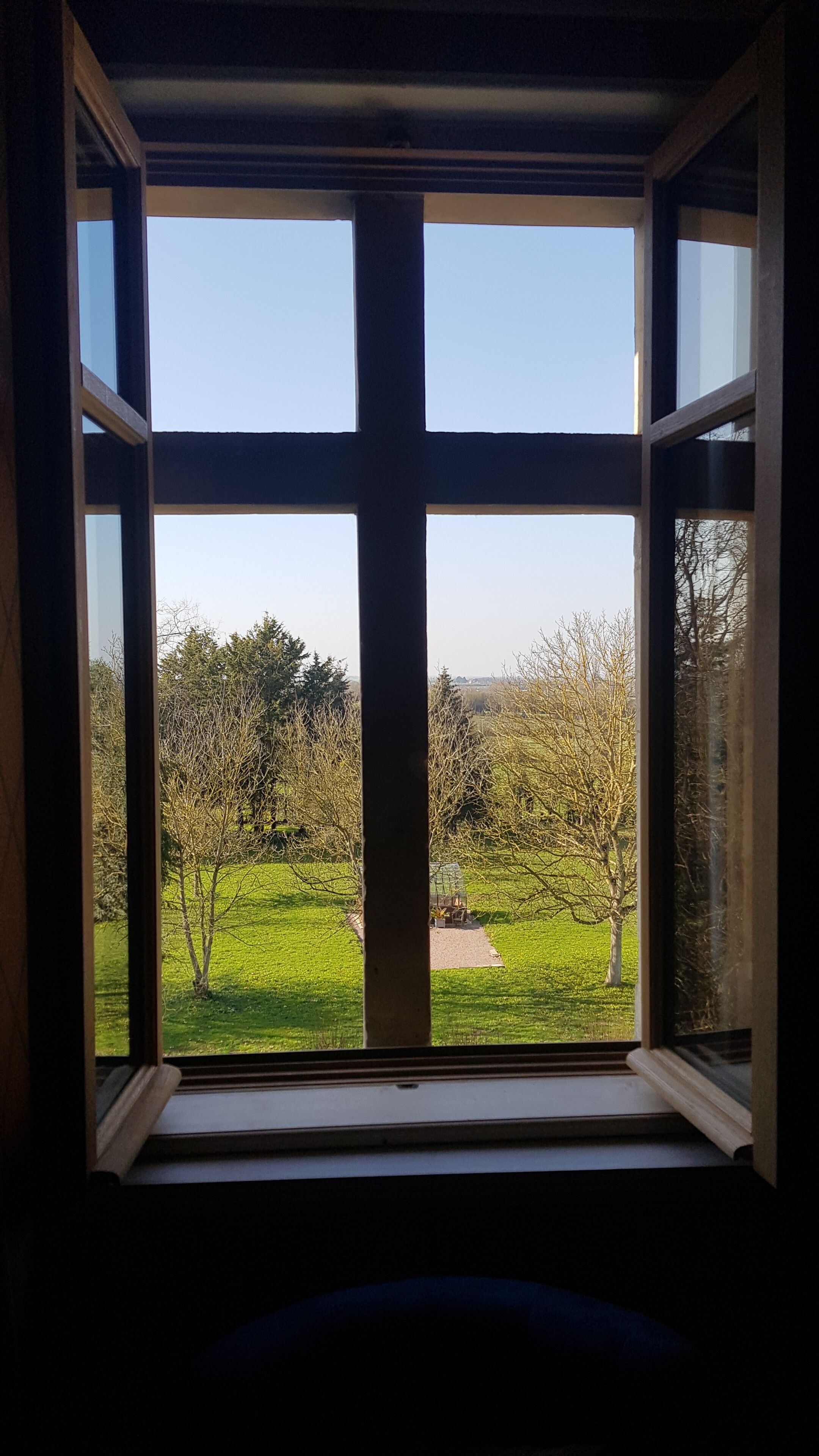 Ein Fenster mit Blick auf eine grüne Landschaft und Bäume.