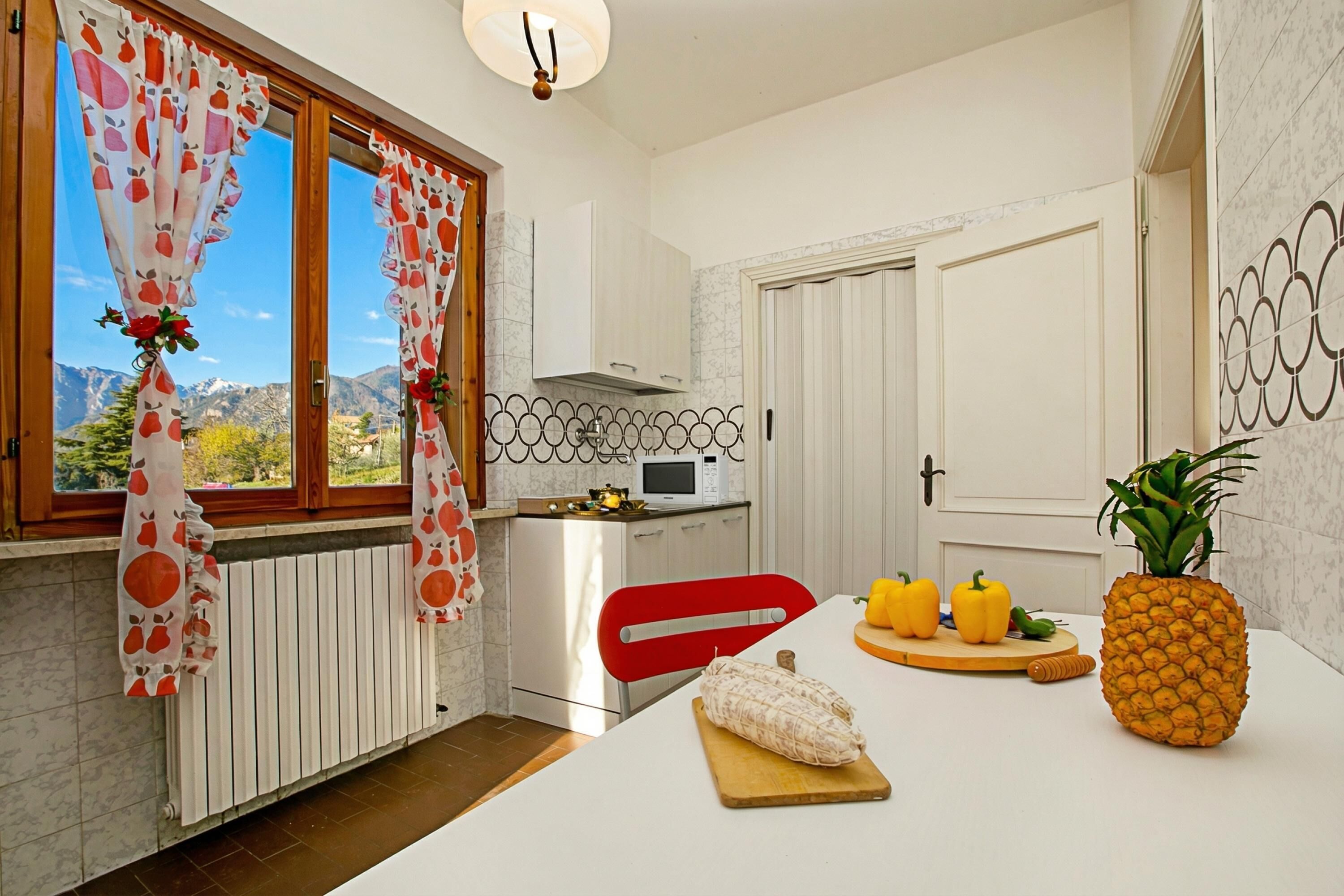 Une cuisine avec vue sur les montagnes, un four à micro-ondes, une chaise rouge et un ananas posé sur le comptoir.