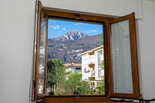 Une fenêtre donnant sur un paysage de montagne, avec des bâtiments et de la verdure.