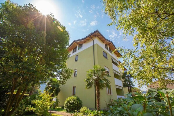 Um edifício de vários andares com fachada verde, rodeado por vegetação exuberante e palmeiras.