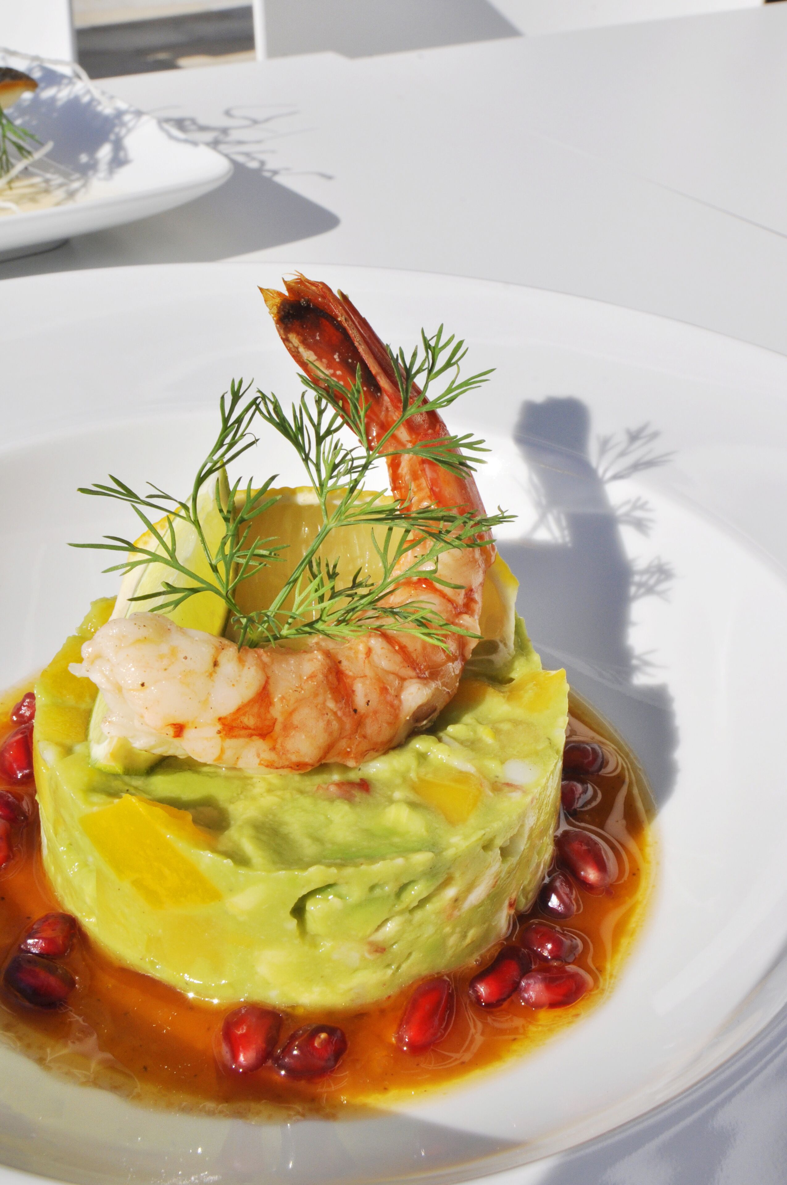 A dish with shrimp, avocado, pomegranate seeds, and dill on a white plate.