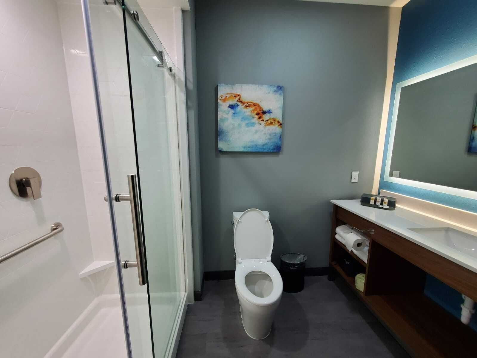 A modern bathroom with a glass shower enclosure, a toilet, a sink with a mirror, and a painting on the wall.
