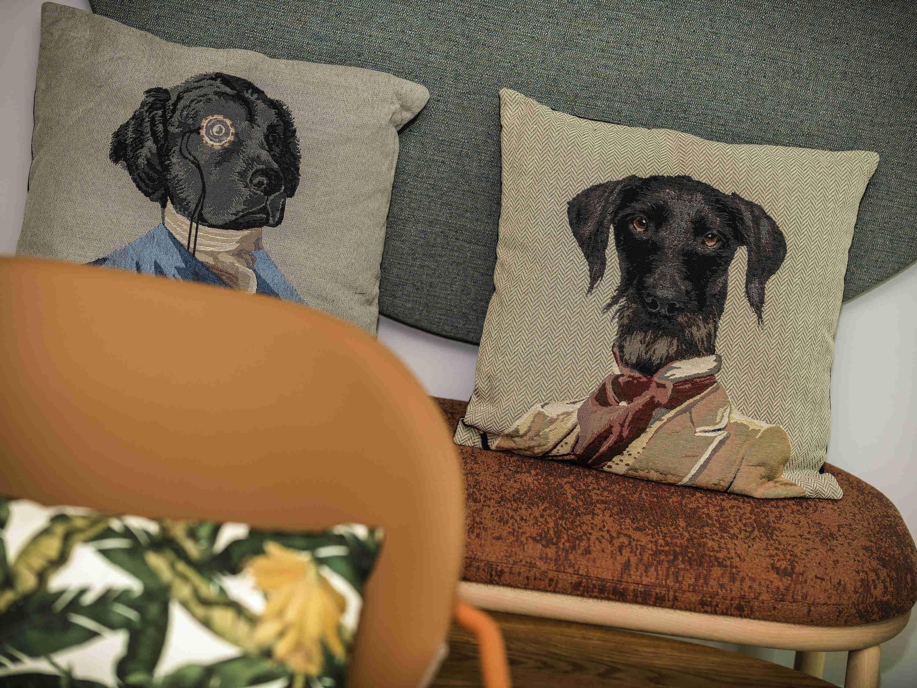 En stol med en kudde som har en illustration av en hund.