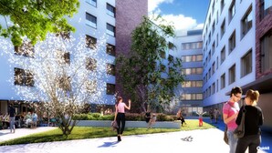 A modern building with multiple floors, large windows, and a courtyard with trees and seating areas. - Aparthotel Adagio Access Brussels Delta (Brussels)