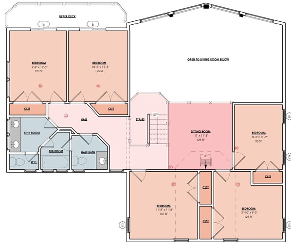 A floor plan of a hotel with multiple bedrooms, a sitting room, a hall, and a staircase. - Large Lakefront Lodge on Canandaigua Lake Sleeps 22 Guests! (Rushville)