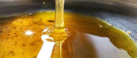 A close-up of a liquid with a reflective surface, possibly honey or syrup, with a clear drop in the center.