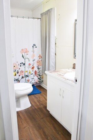 Bañera con ducha, secador de pelo, toallas, jabón