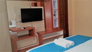 Een hotelkamer met een bed, een televisie bevestigd aan een houten kast en een klein plankje met een plant.
