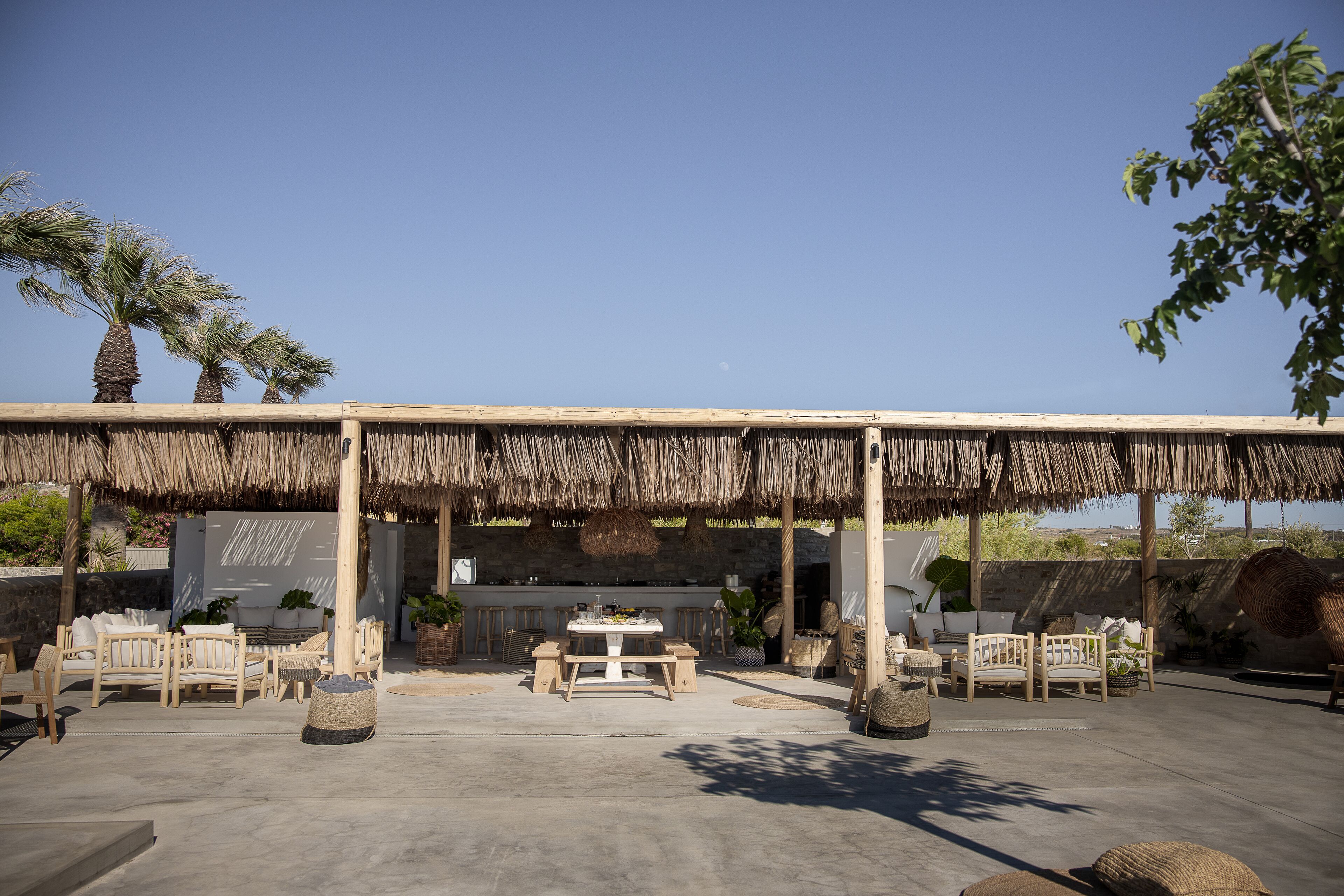 An outdoor seating area with a thatched roof, wooden furniture, and potted plants.