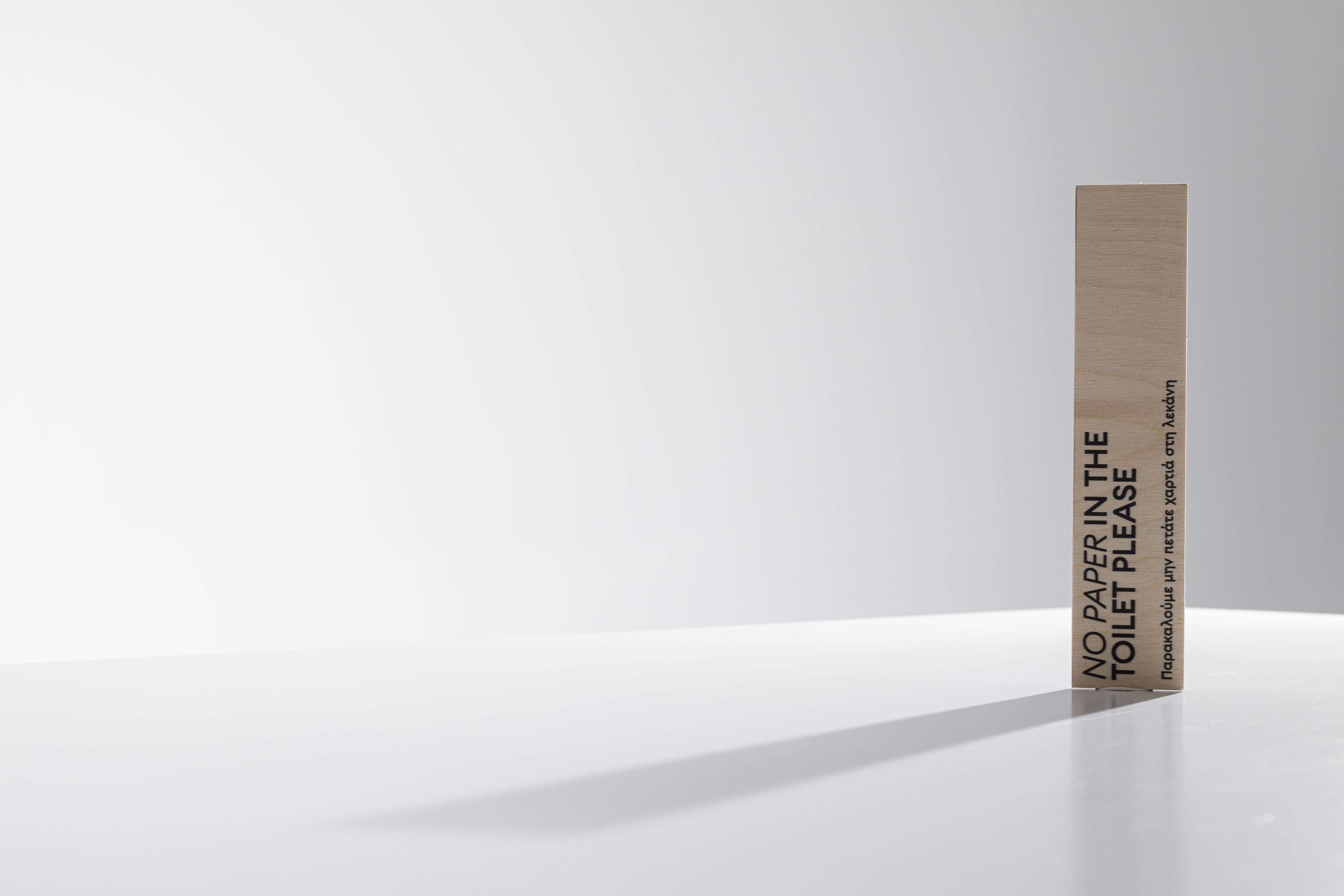 A vertical wooden sign with the text "NO PAPER IN THE TOILET PLEASE" and a smaller text in another language.