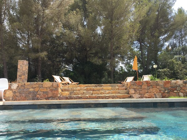 Outdoor pool, pool umbrellas, pool loungers