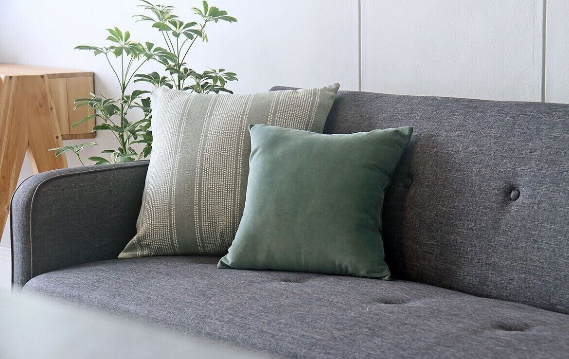 Un canapé gris avec deux coussins, l’un vert et l’autre à motifs, dans une pièce où se trouvent une table d’appoint en bois et une plante verte.