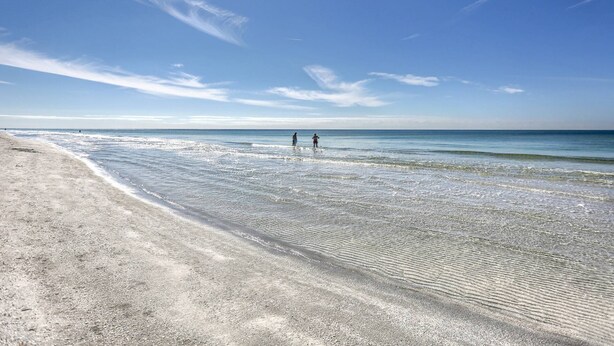 A beach with clear skies and two people walking along the shore.