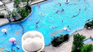 Una amplia piscina al aire libre con múltiples carriles, rodeada de palmeras y zonas de sombra.