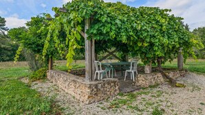 A pergola with a table and chairs underneath, surrounded by a stone wall and greenery. - Tranquil Escape in Cendrieux (Val de Louyre et Caudeau)