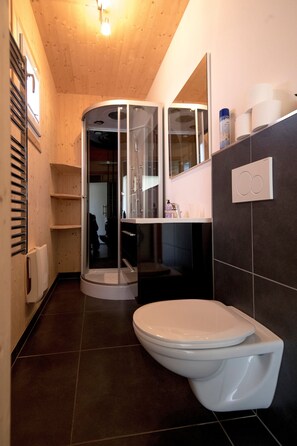 A modern bathroom with a white toilet, a glass shower enclosure, and a dark tiled wall. - Luxurious Chalet in Murau With Terrace (Murau)