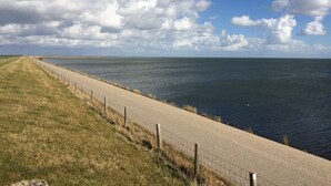 Une route côtière bordée d’une clôture, avec des zones herbeuses et une vue sur la mer sous un ciel partiellement nuageux.