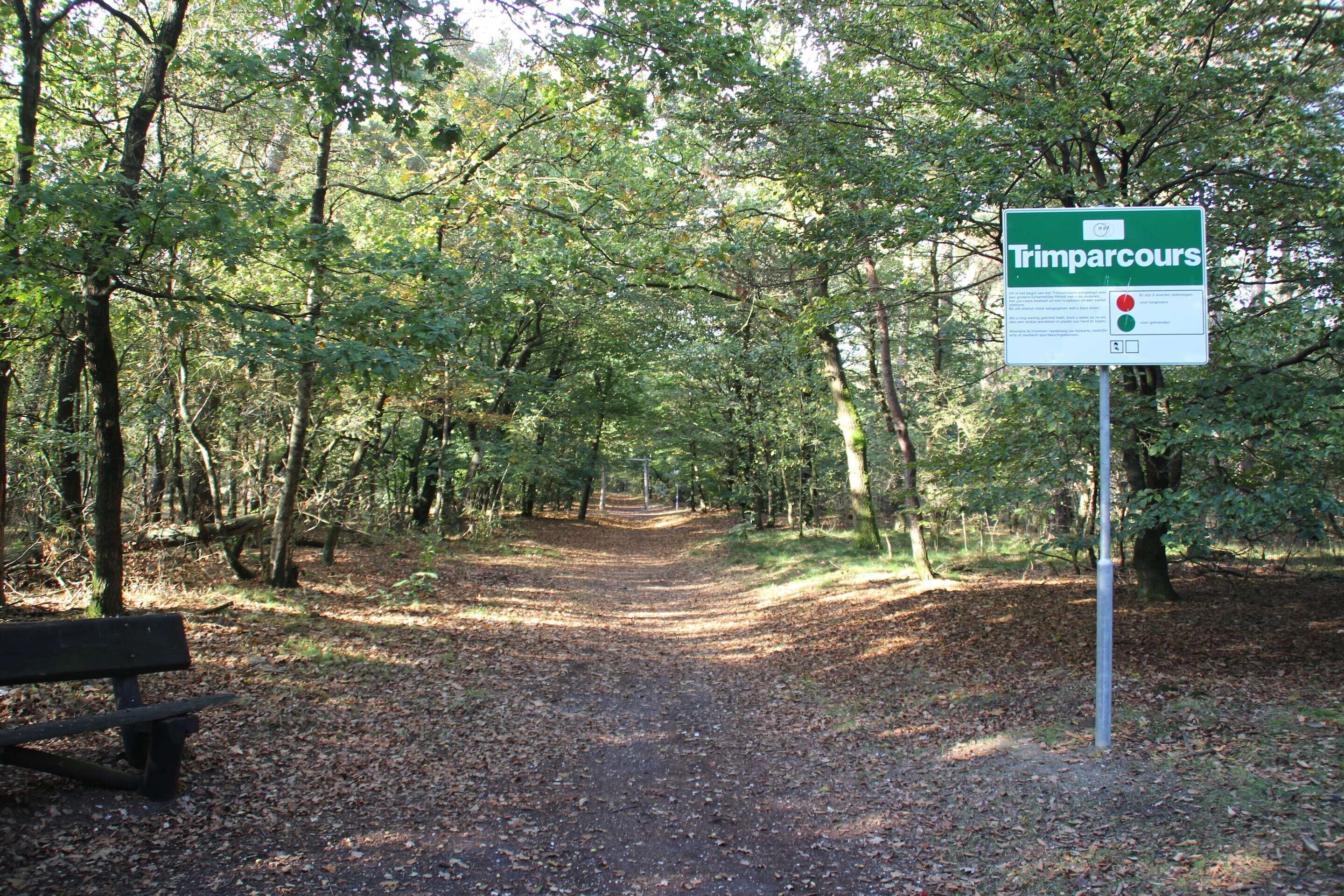 A forested path with a sign labeled 'Trimpourcs.'
