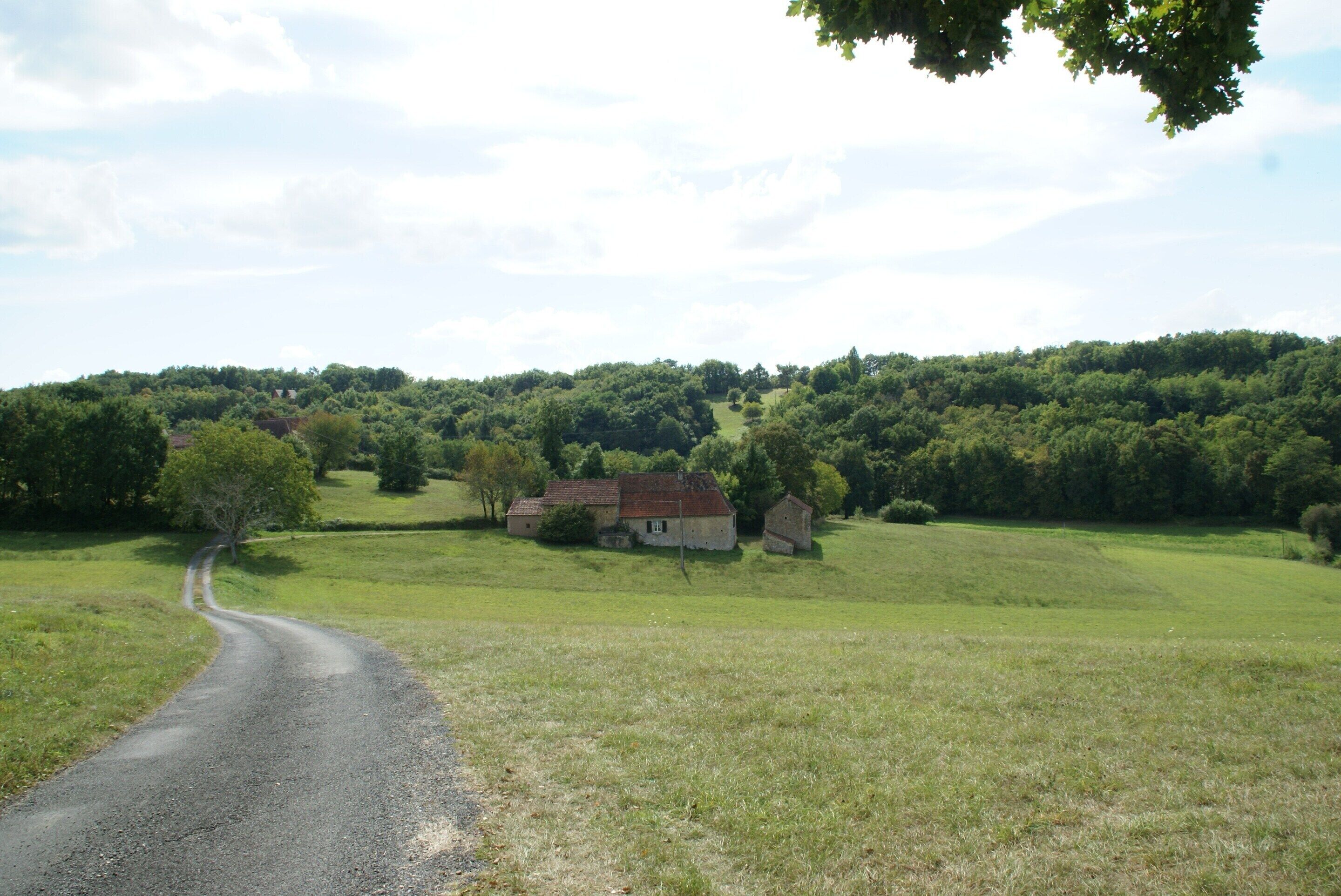 A rural landscape with a gravel road, a small house, and a forested hill in the background.