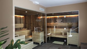 A sauna room with wooden benches and a glass partition. - Cozy Apartment in Piesendorf (Piesendorf)