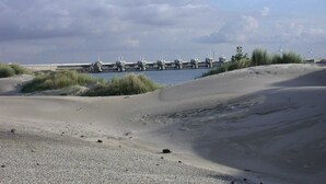 A coastal landscape with sandy dunes, a bridge, and wind turbines in the distance. - Holiday Home Near the North Sea Beach (Ellemeet)