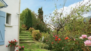 A garden with a pathway leading to a building with blue shutters.