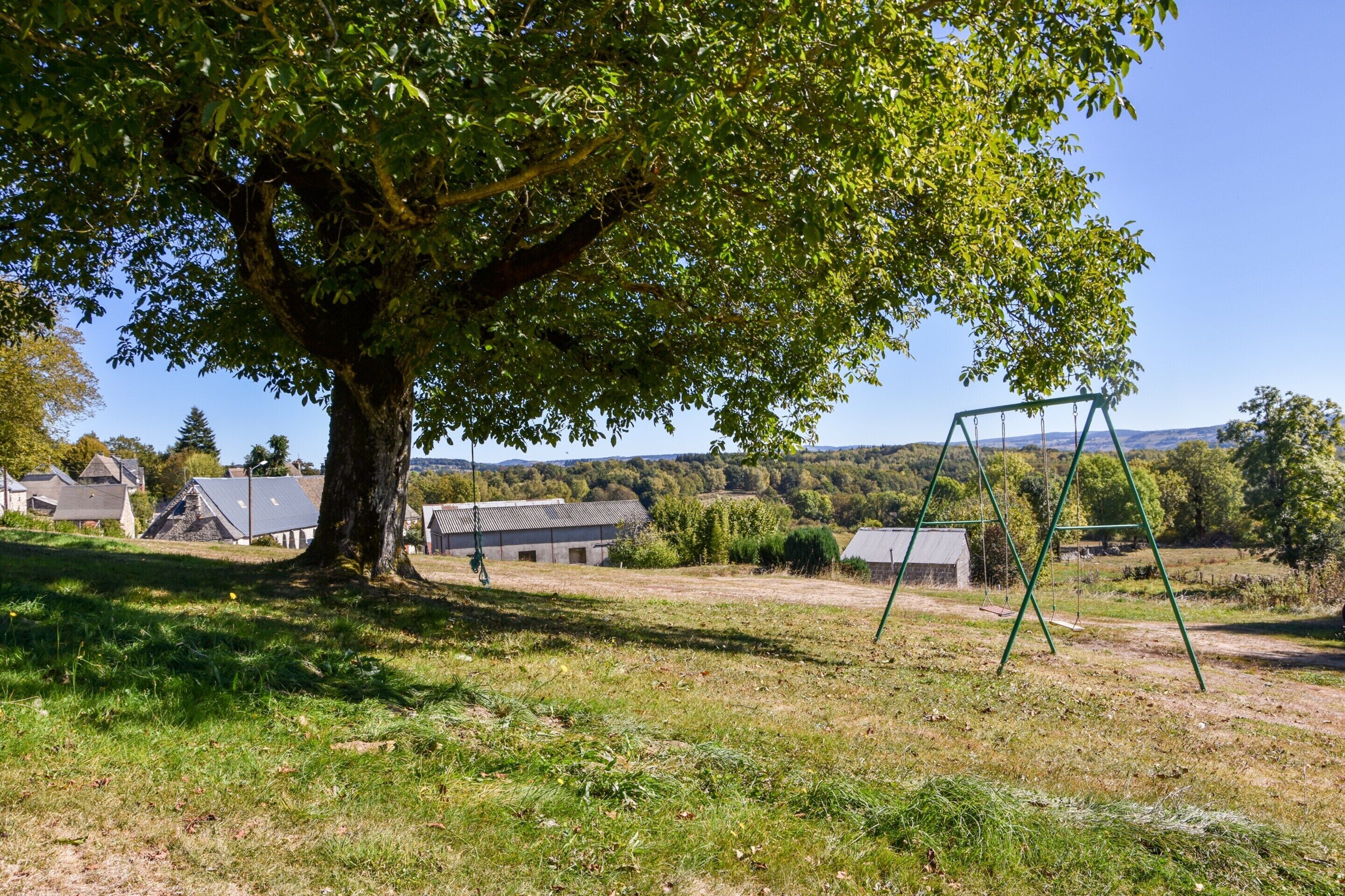 A tree-lined outdoor area with a swing set.