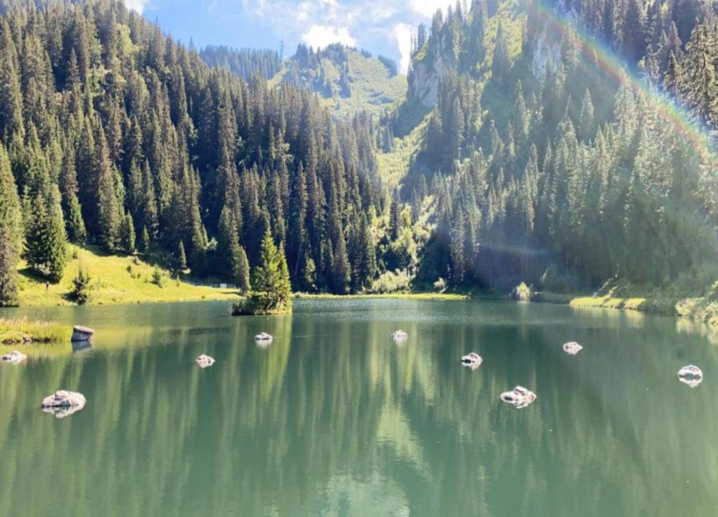 A lake surrounded by dense forest with a rainbow in the background.