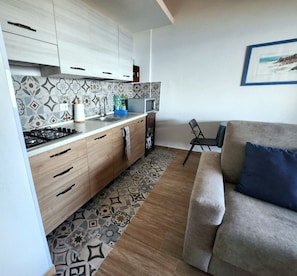Fridge, microwave, stovetop, coffee/tea maker