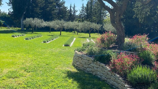 A well-maintained garden with a stone wall, various trees, and a clear sky. - Mansion in Provence With Pool & Near Town (Valreas)