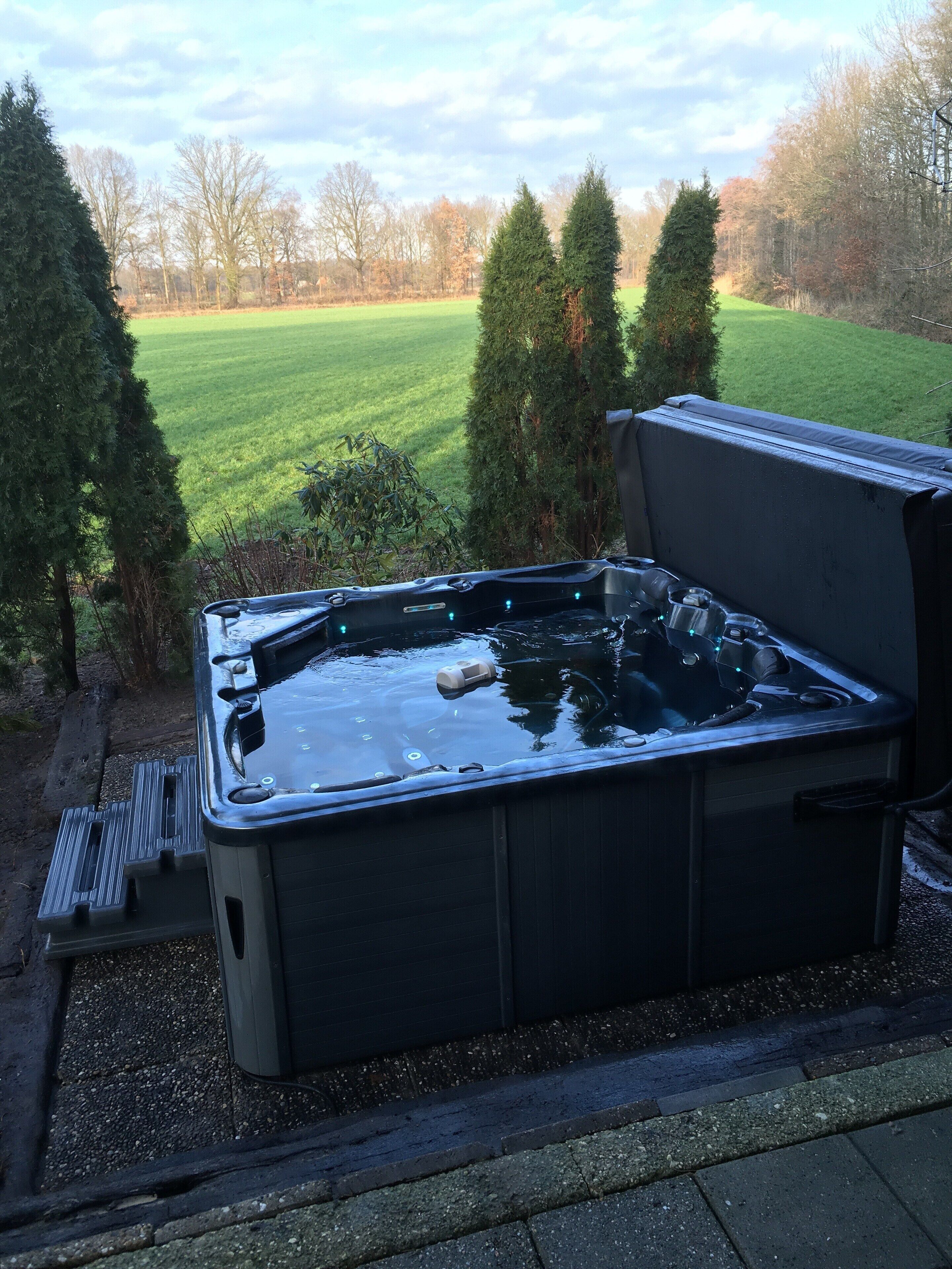 A hot tub with a view of a grassy field and trees.