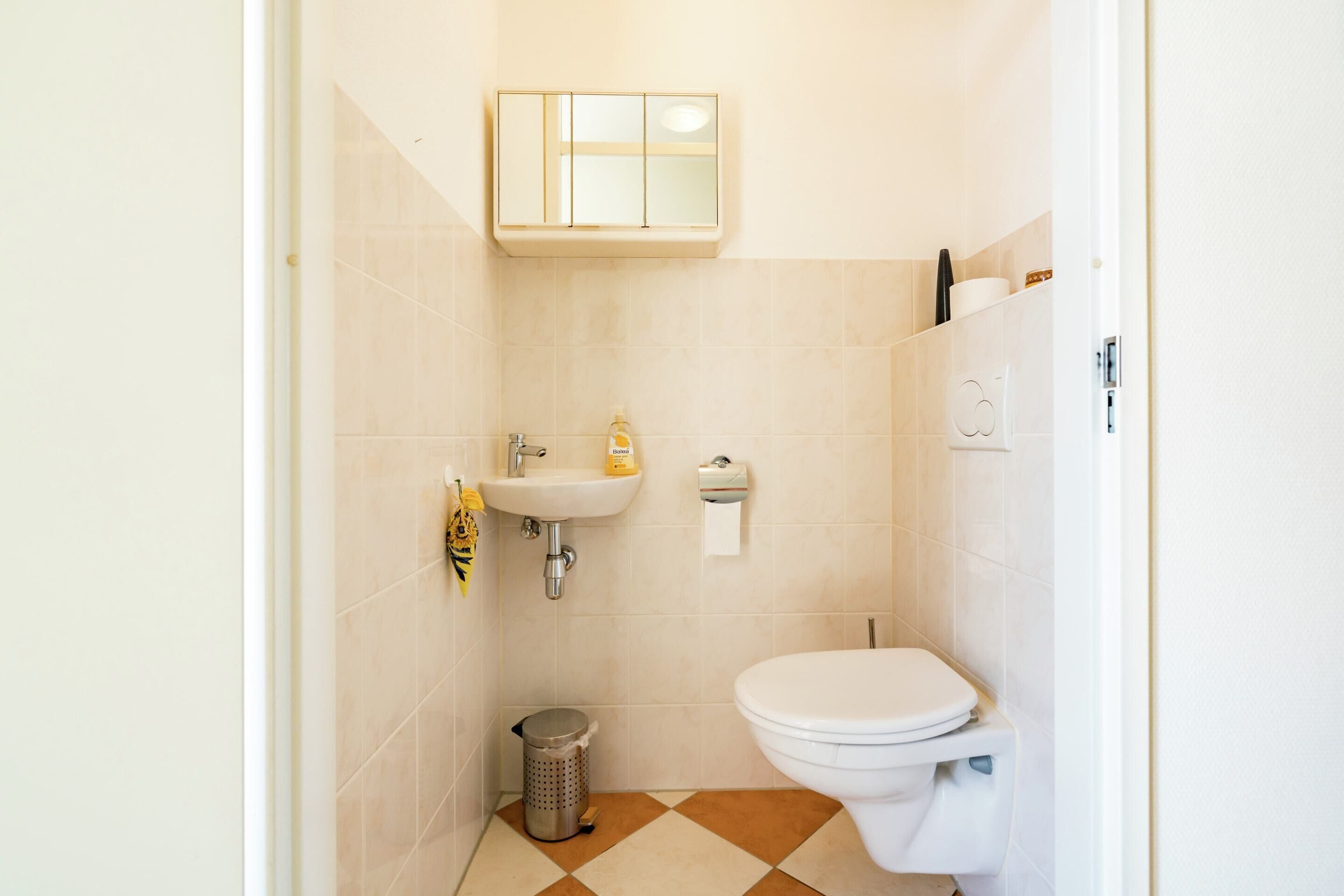 Een kleine badkamer met toilet, wastafel en prullenbak.