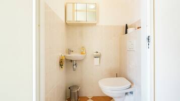 Een kleine badkamer met toilet, wastafel en prullenbak.