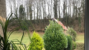 A view through a window of a garden with various shrubs and a house in the background. - Family Escape With Terrace (Isigny-le-Buat)