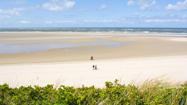 Ein weiter Sandstrand mit sanften Wellen und blauem Himmel.