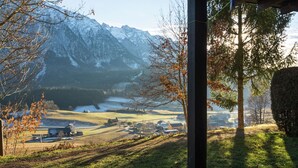 A view of a mountainous landscape with a river, buildings, and trees. - Apartment in Tauplitz Near Ski Lift (Bad Mitterndorf)