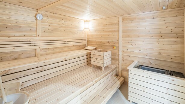 A wooden sauna with benches, a bench with a small table, and a bench with a storage box. - Luxurious Apartment in Gosau Near Ski Area (Gosau)