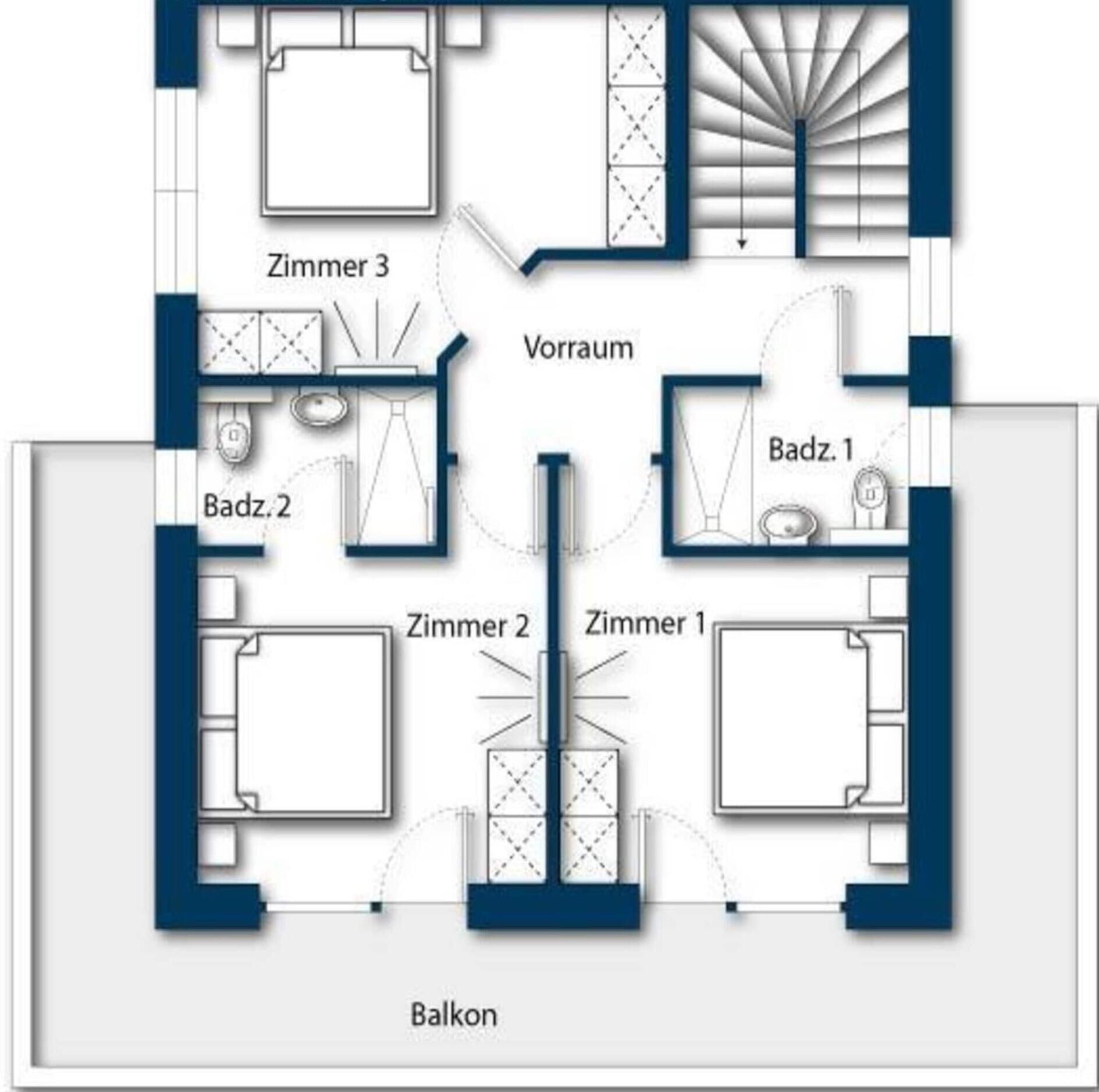 A floor plan with three bedrooms, two bathrooms, a balcony, and a staircase.