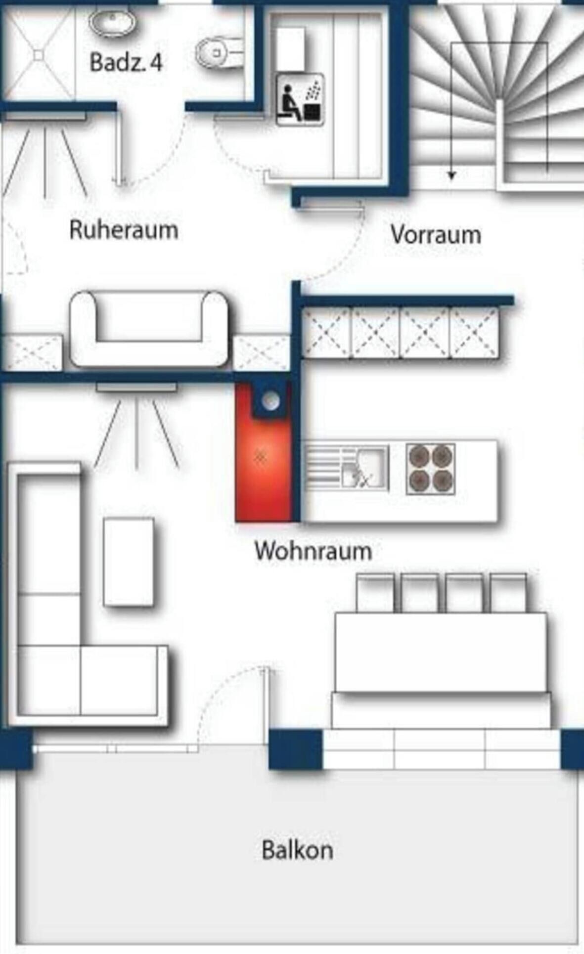Un plan d’étage comprenant un salon, un coin repas, une cuisine, une salle de bain et un balcon.