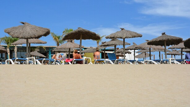A beach with rows of sun loungers and thatched umbrellas. - Luxe Villa in Montbrun (Montbrun-des-Corbières)