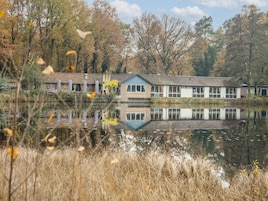 Un edificio junto al lago con su reflejo en el agua, rodeado de árboles y vegetación.
