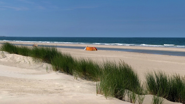 Une plage avec une dune et une tente.