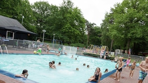 Ein Schwimmbecken, umgeben von einer Ziegelterrasse und einem Metallzaun.