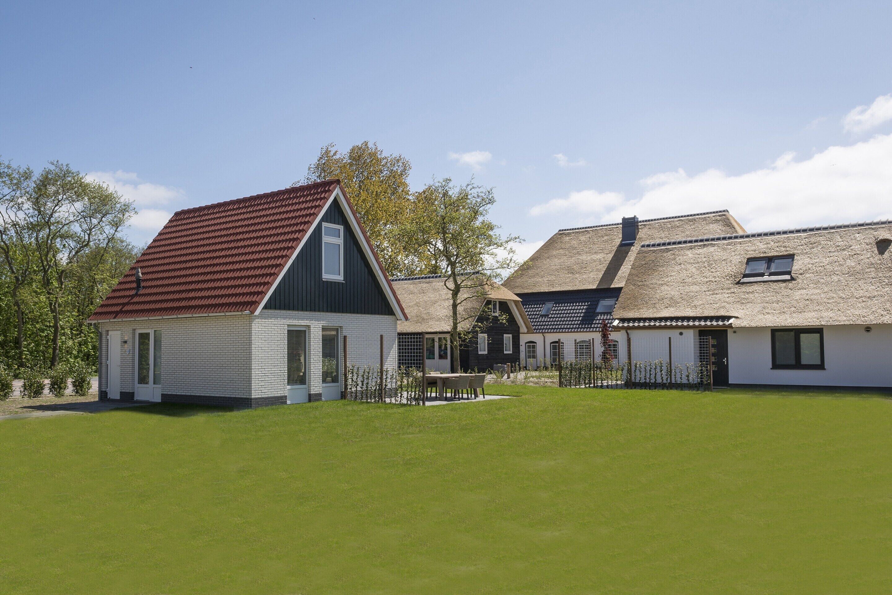 A row of houses with a well-maintained lawn and a clear sky.