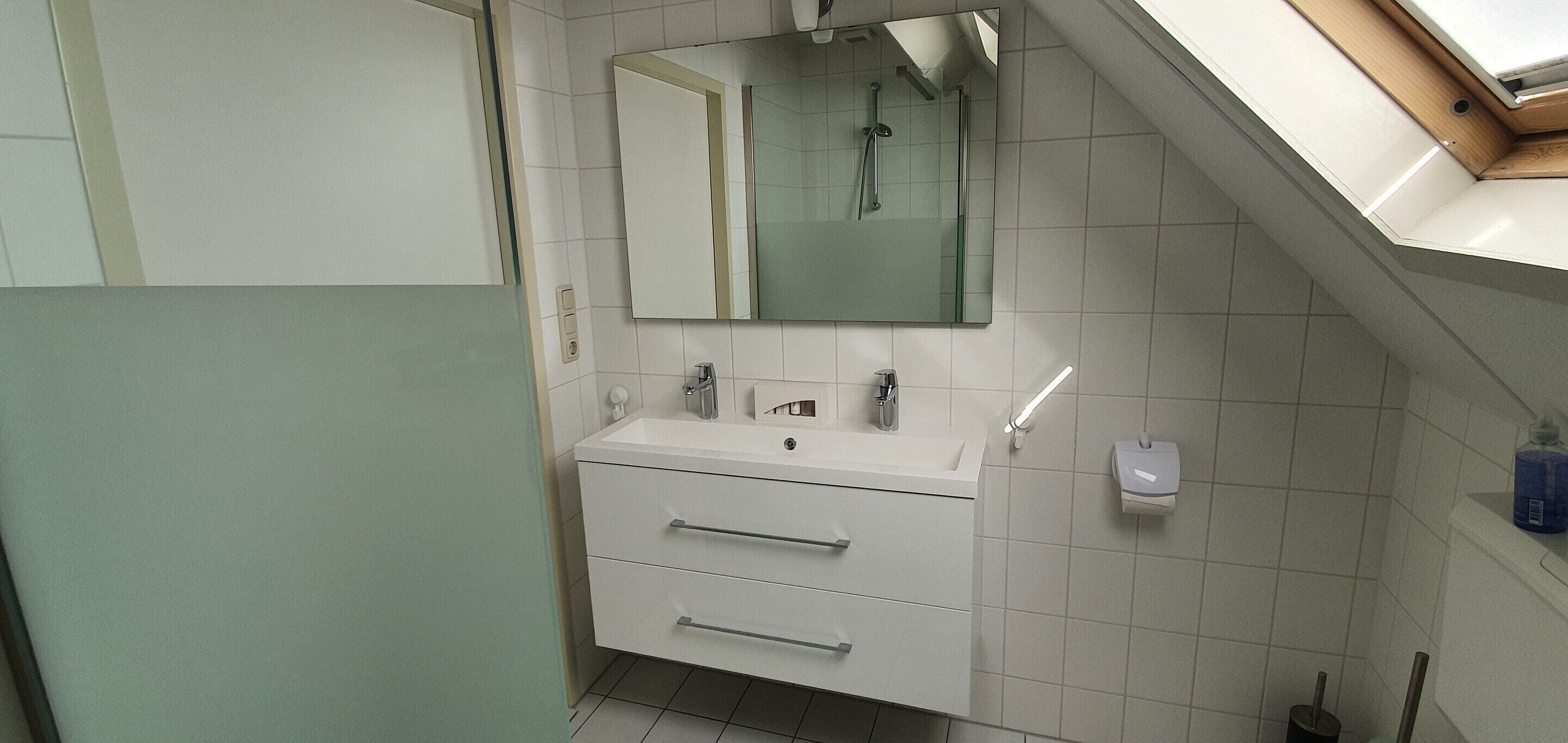 A bathroom with a white vanity, a mirror, a shower, and a toilet.