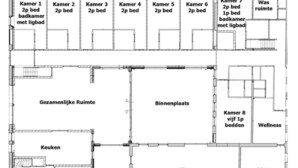 A hotel floor plan with 8 bedrooms, a wellness area, a common room, and two non-accessible areas. - Pet-friendly Mansion (Swolgen)