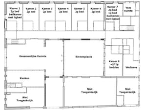 Planta baixa de um hotel com 8 quartos, área de bem-estar, sala comum e cozinha.