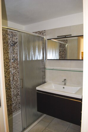 Une salle de bain avec une douche à parois de verre, un lavabo blanc et un miroir au-dessus.